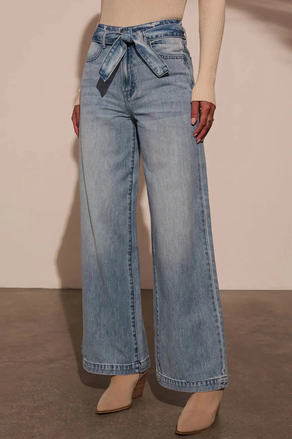 Tied Wide Leg Jeans with Pockets - Godess beauty  #