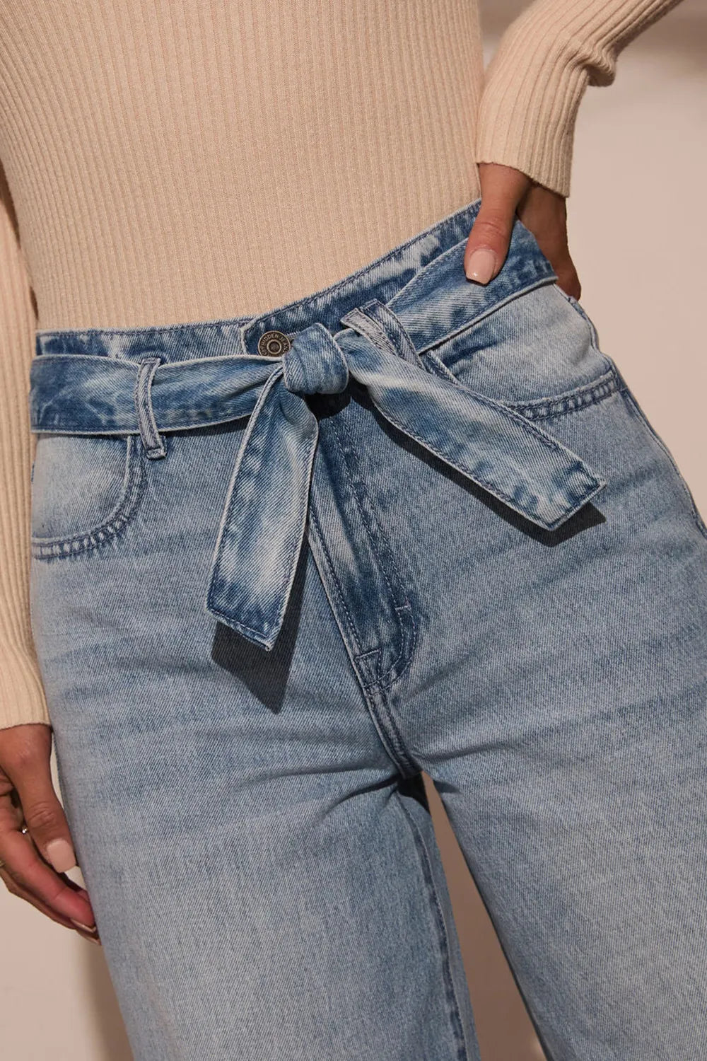 Tied Wide Leg Jeans with Pockets - Godess beauty  #