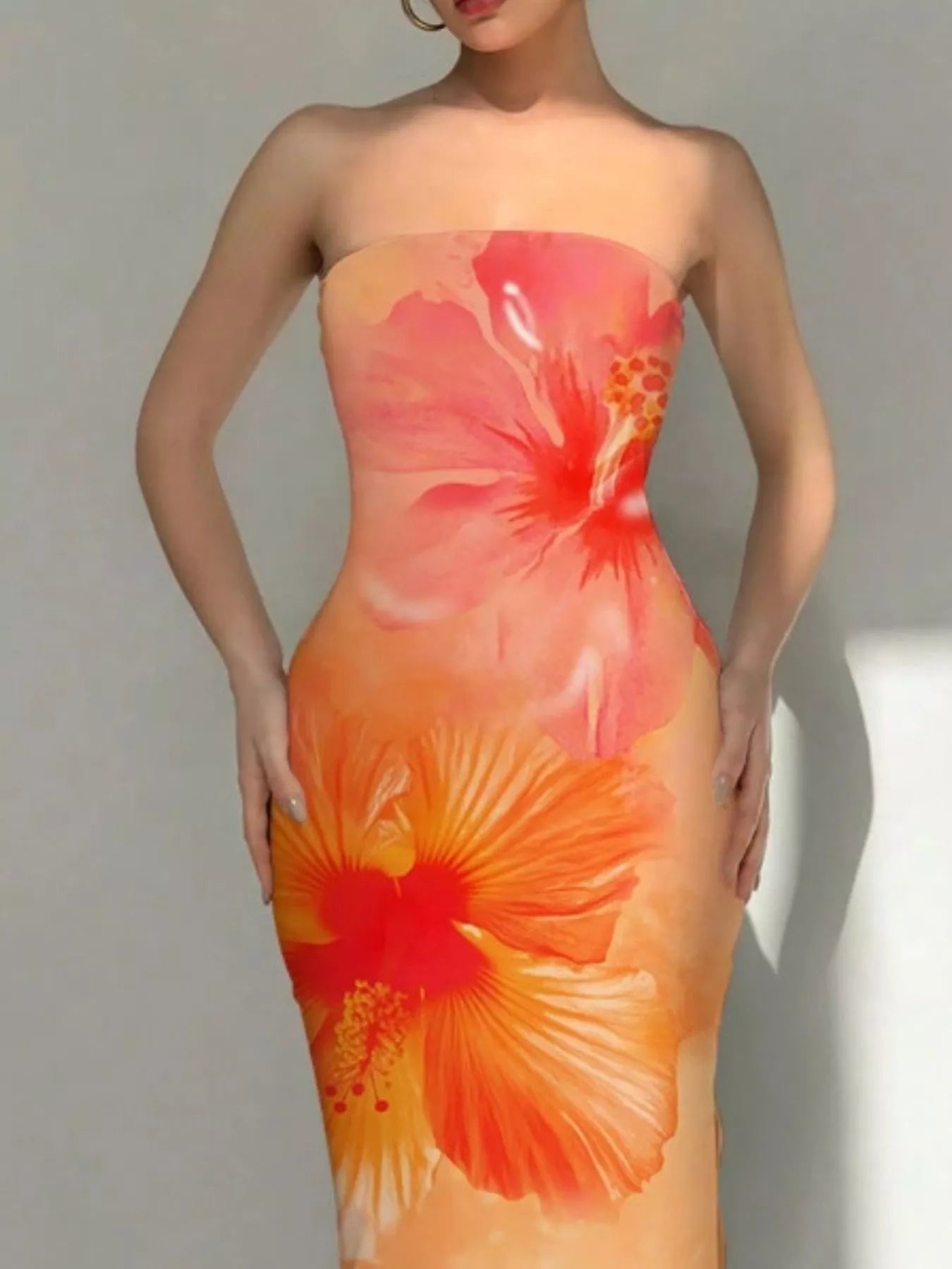 Tropical Flower Print Bodycon Tube Dress - Godess beauty  #