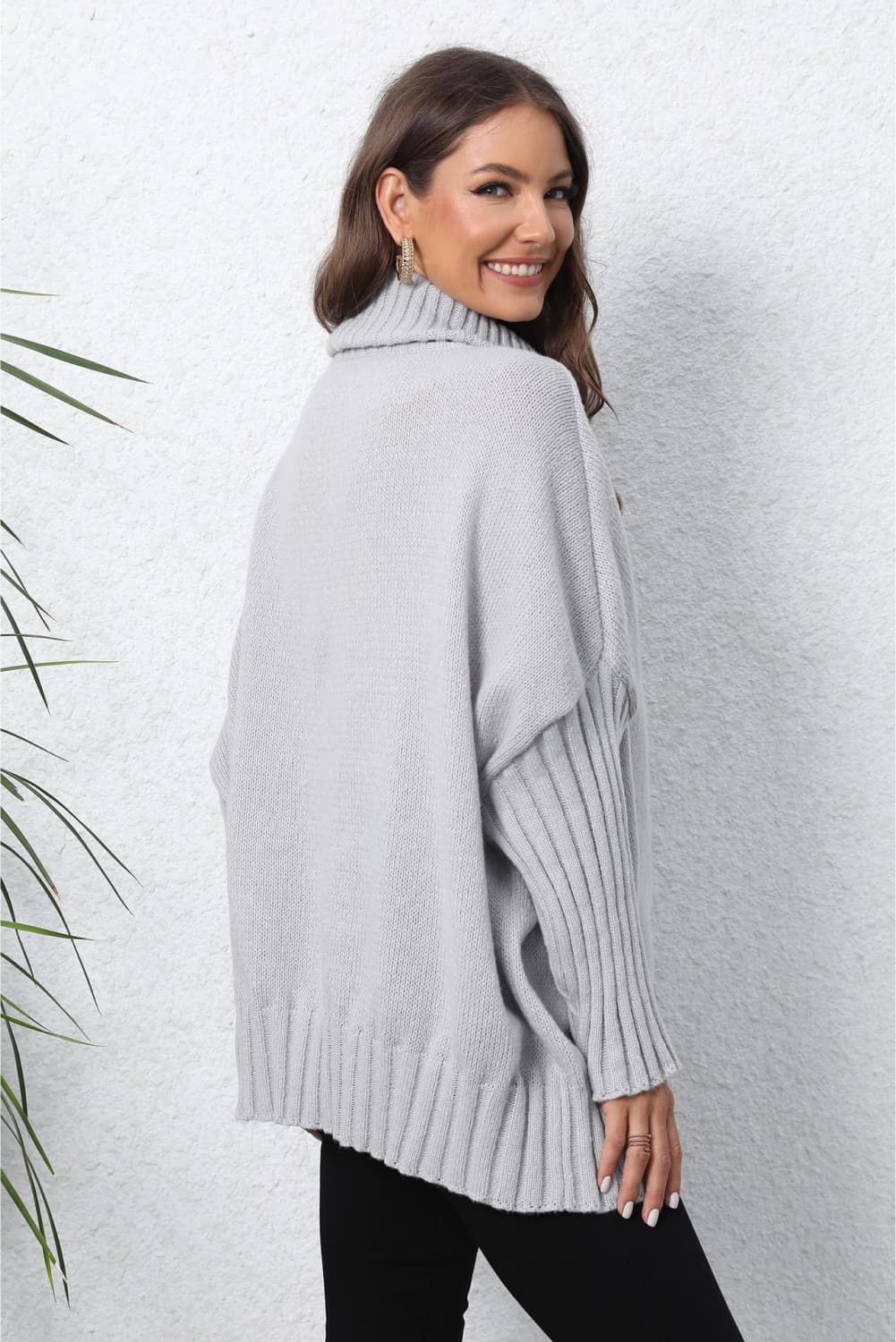 Turtle Neck Long Sleeve Ribbed Sweater - Godess Beauty  #