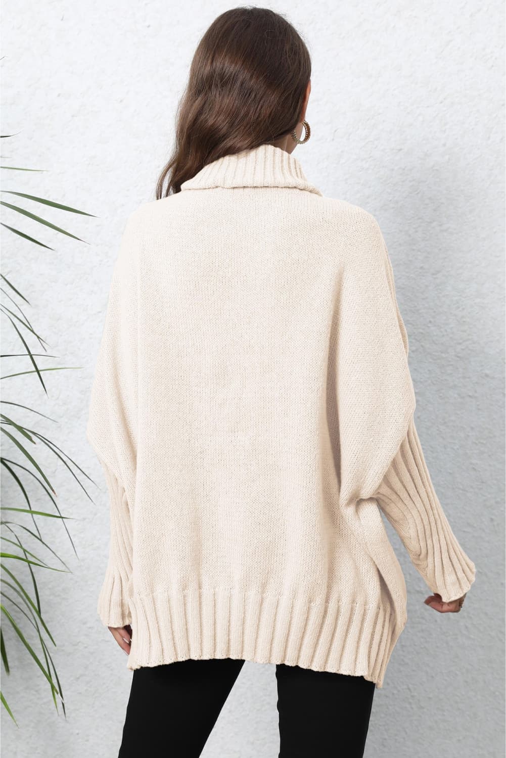 Turtle Neck Long Sleeve Ribbed Sweater - Godess Beauty  #