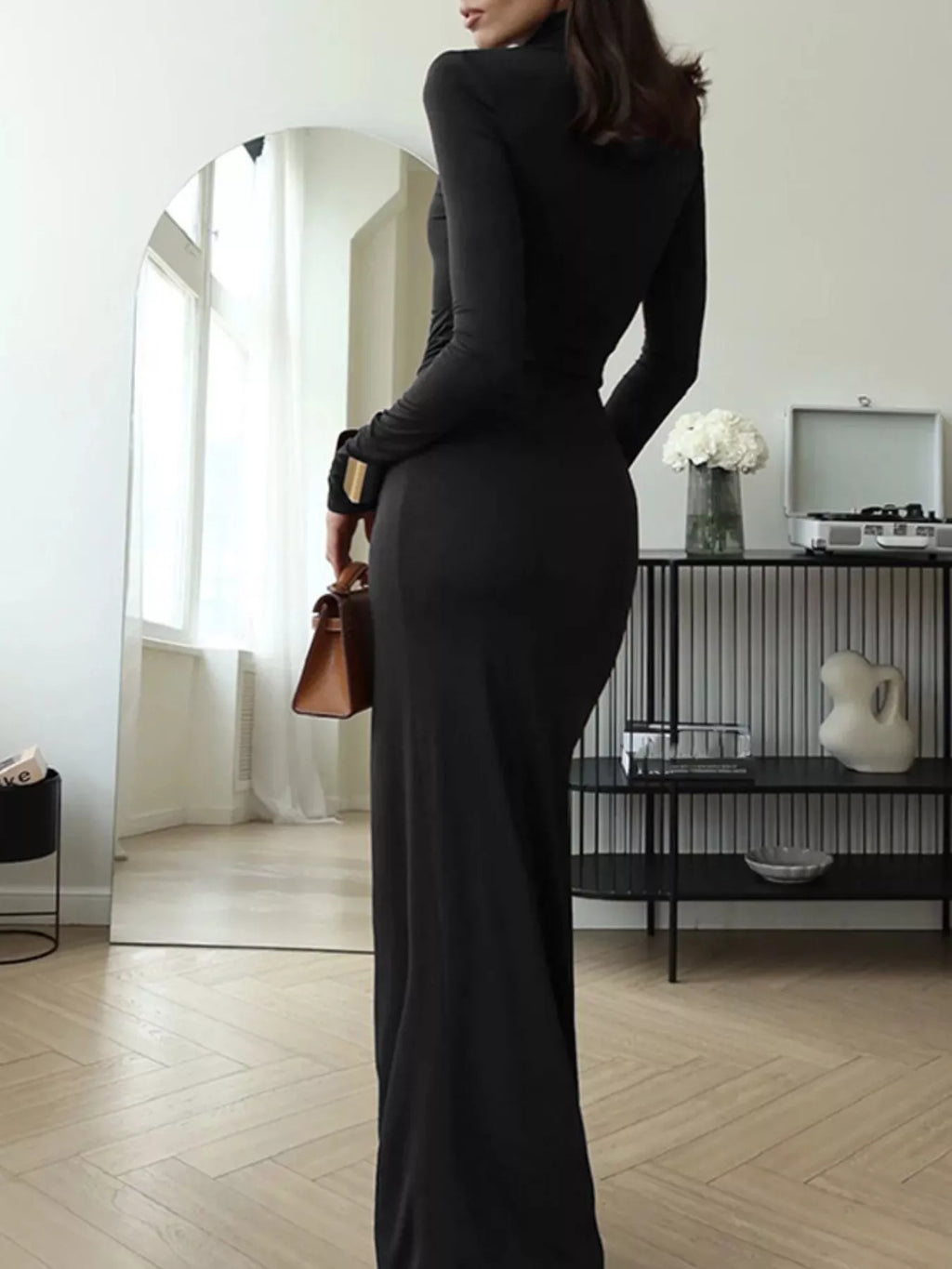 Turtleneck Long Sleeve Slit Maxi Dress - Godess beauty 