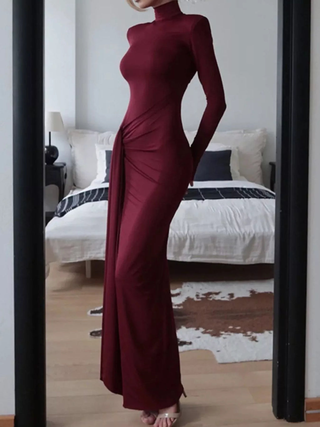 Turtleneck Long Sleeve Slit Maxi Dress - Godess beauty 