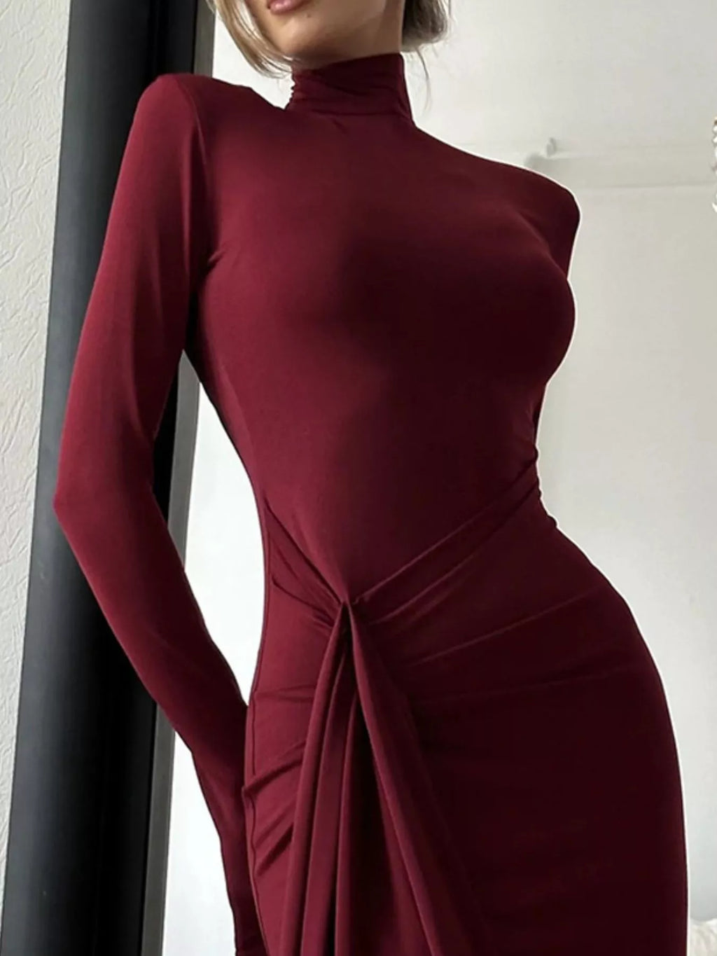 Turtleneck Long Sleeve Slit Maxi Dress - Godess beauty 