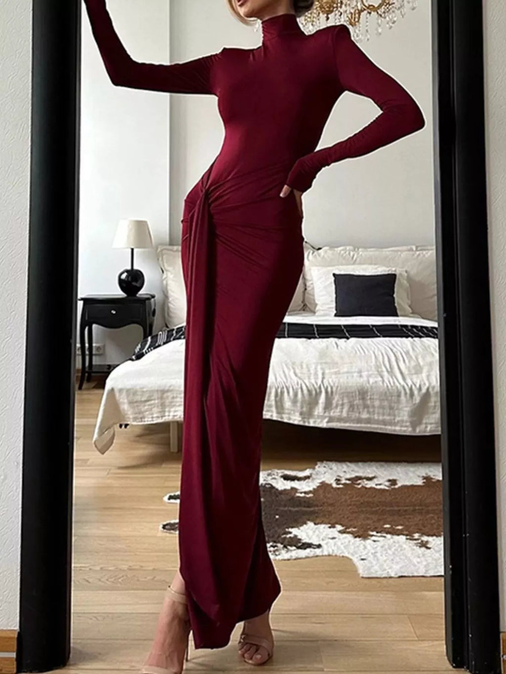 Turtleneck Long Sleeve Slit Maxi Dress - Godess beauty 