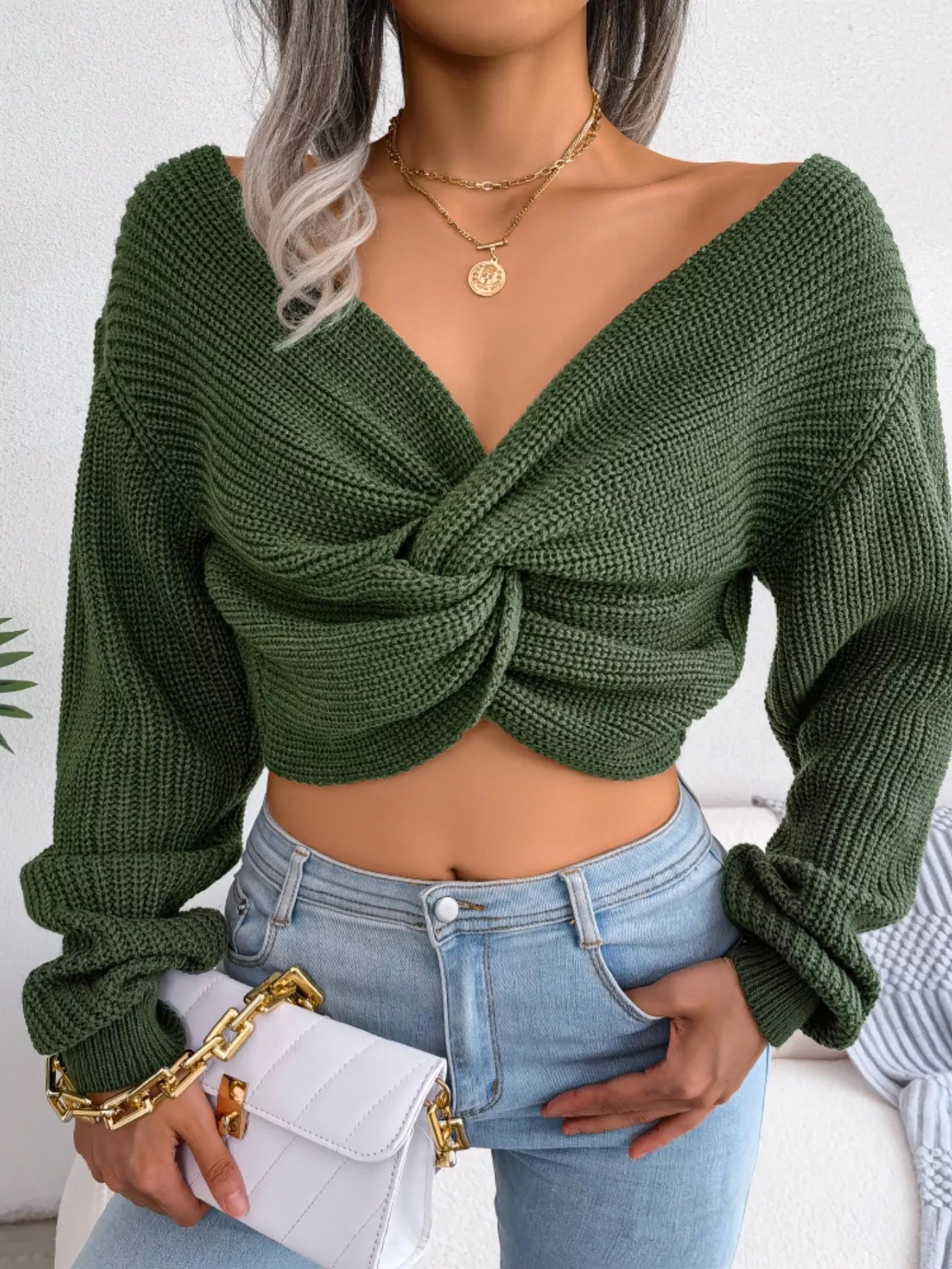 Twisted Front Cropped Sweater - Godess beauty  #