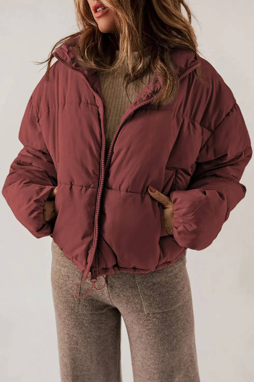 Zip Up Collared Neck Long Sleeve Winter Coat - Godess Beauty  #