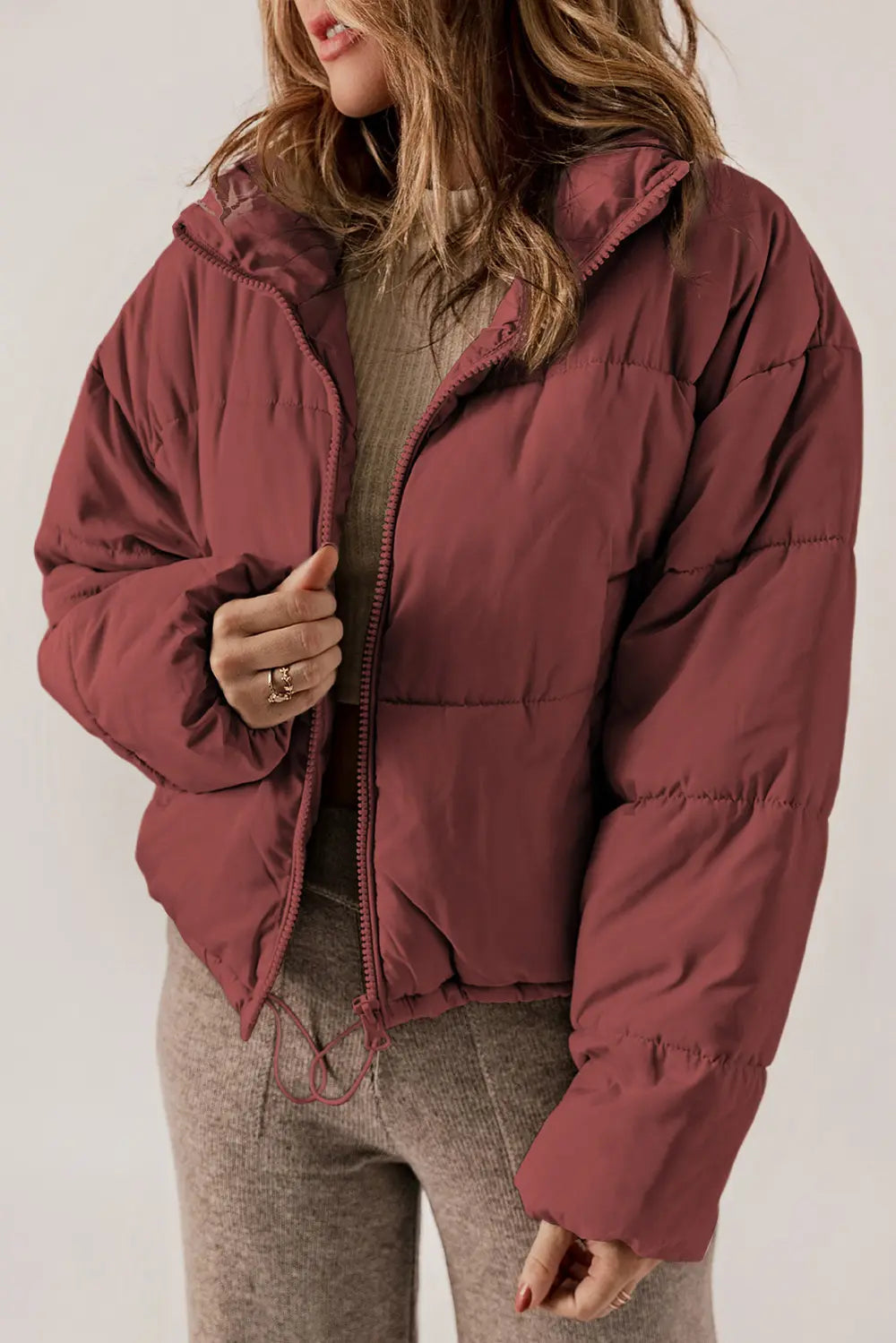 Zip Up Collared Neck Long Sleeve Winter Coat - Godess Beauty  #