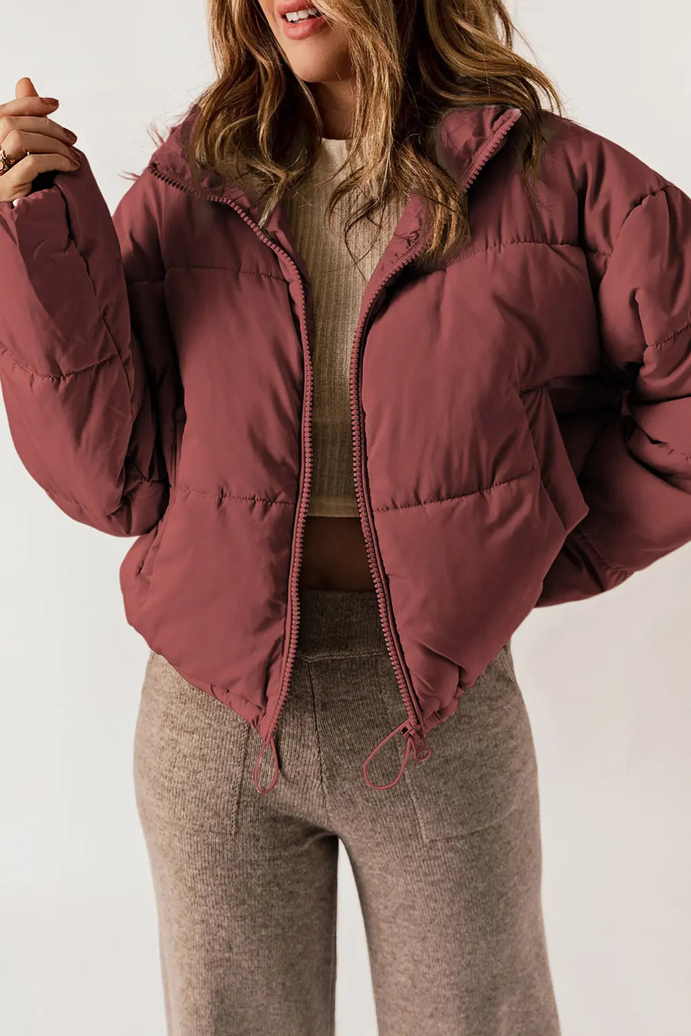 Zip Up Collared Neck Long Sleeve Winter Coat - Godess Beauty  #