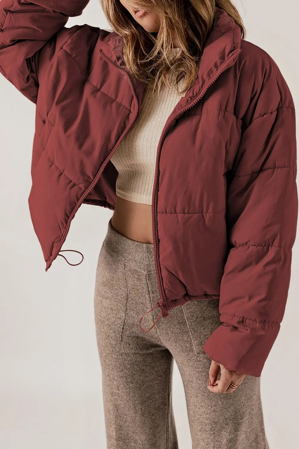 Zip Up Collared Neck Long Sleeve Winter Coat - Godess Beauty  #