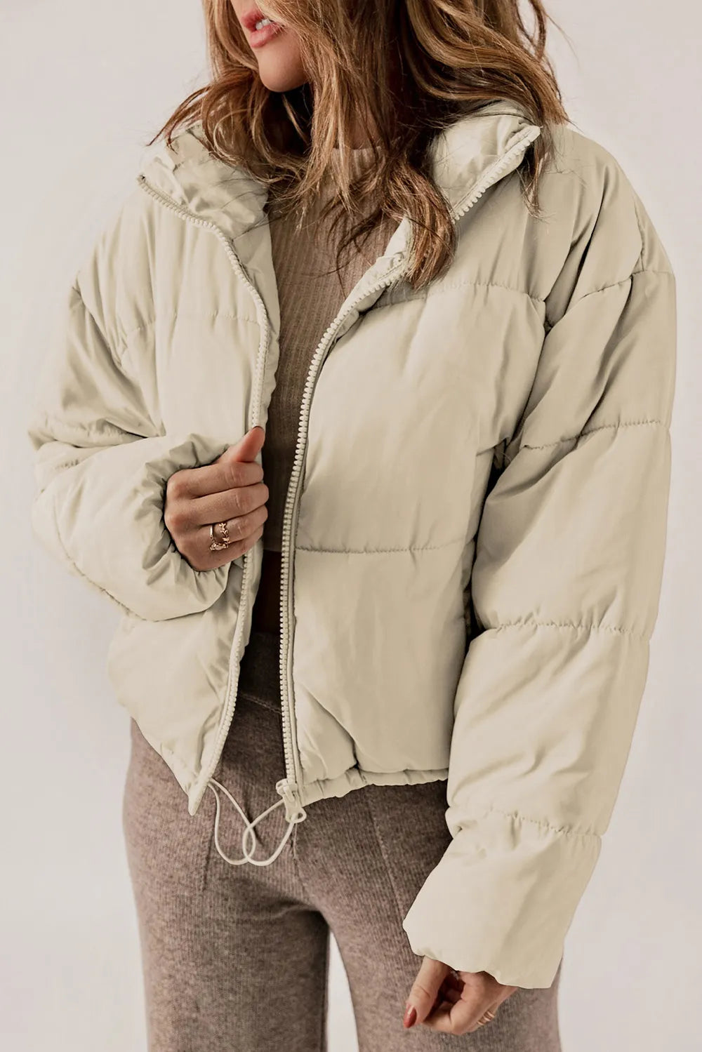 Zip Up Collared Neck Long Sleeve Winter Coat - Godess Beauty  #