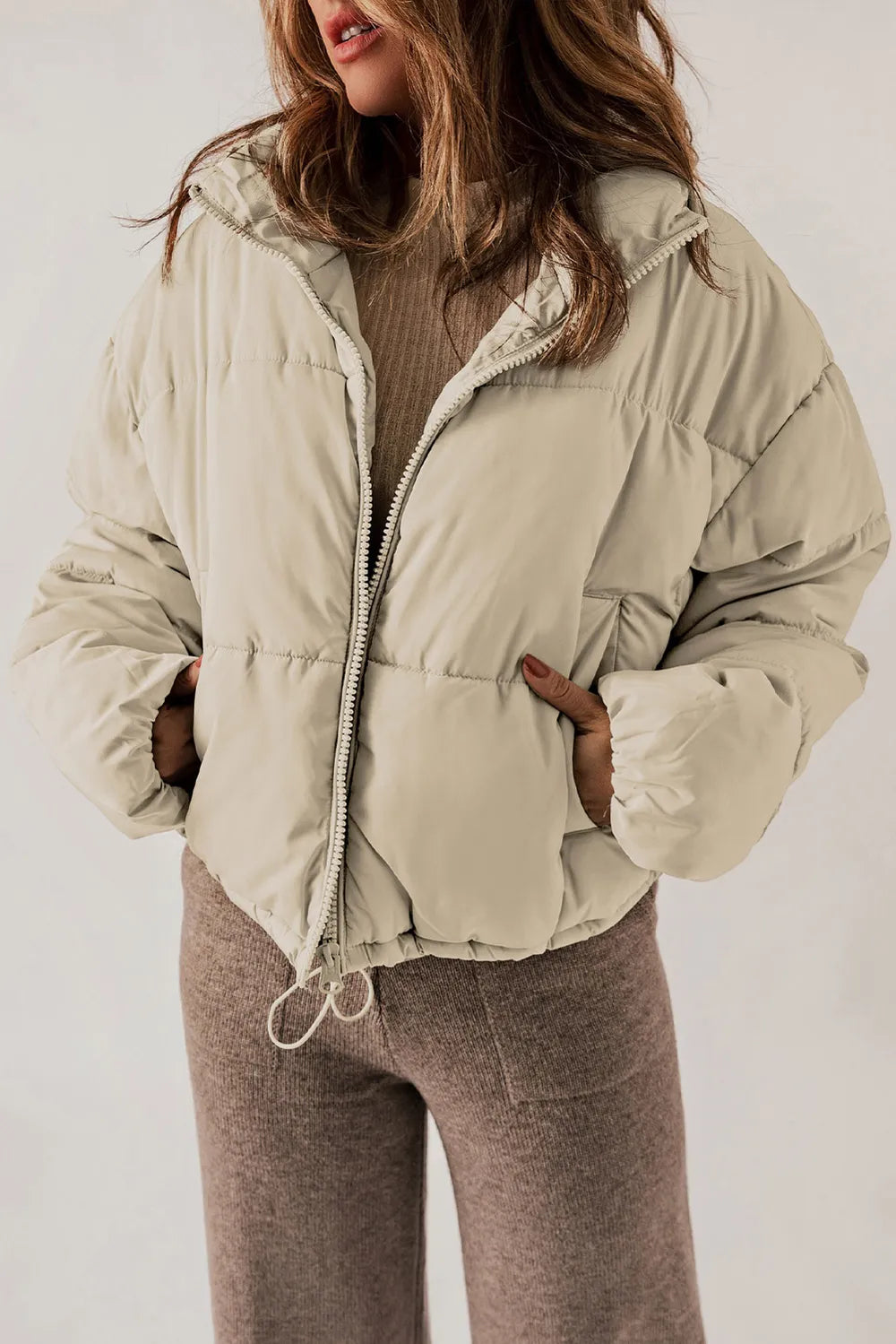 Zip Up Collared Neck Long Sleeve Winter Coat - Godess Beauty  #