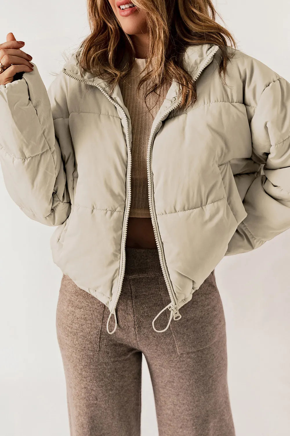 Zip Up Collared Neck Long Sleeve Winter Coat - Godess Beauty  #