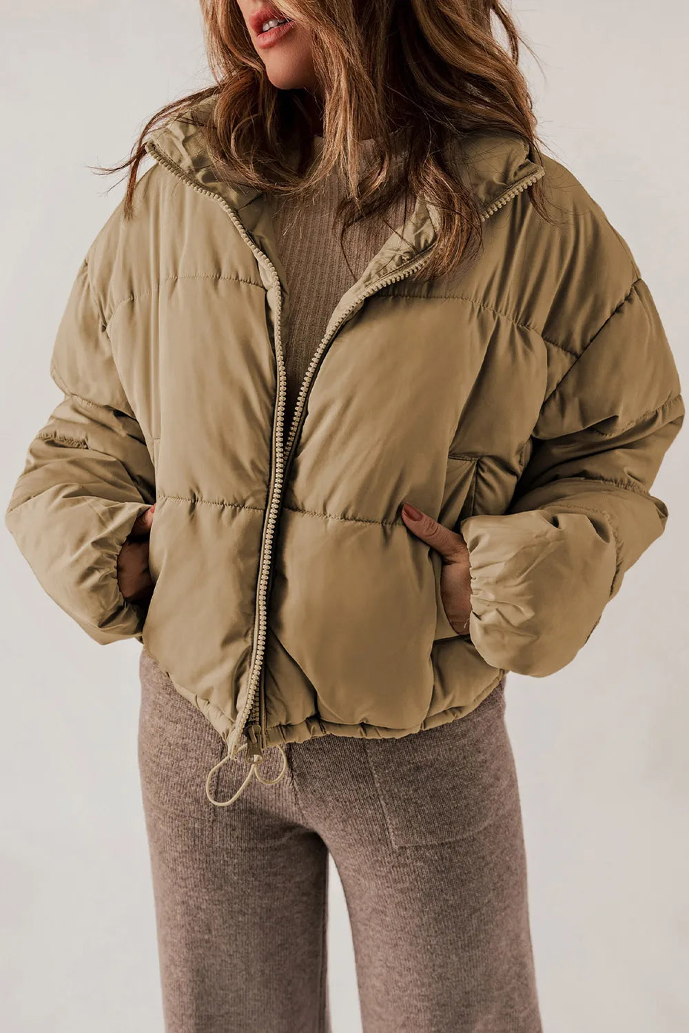 Zip Up Collared Neck Long Sleeve Winter Coat - Godess Beauty  #