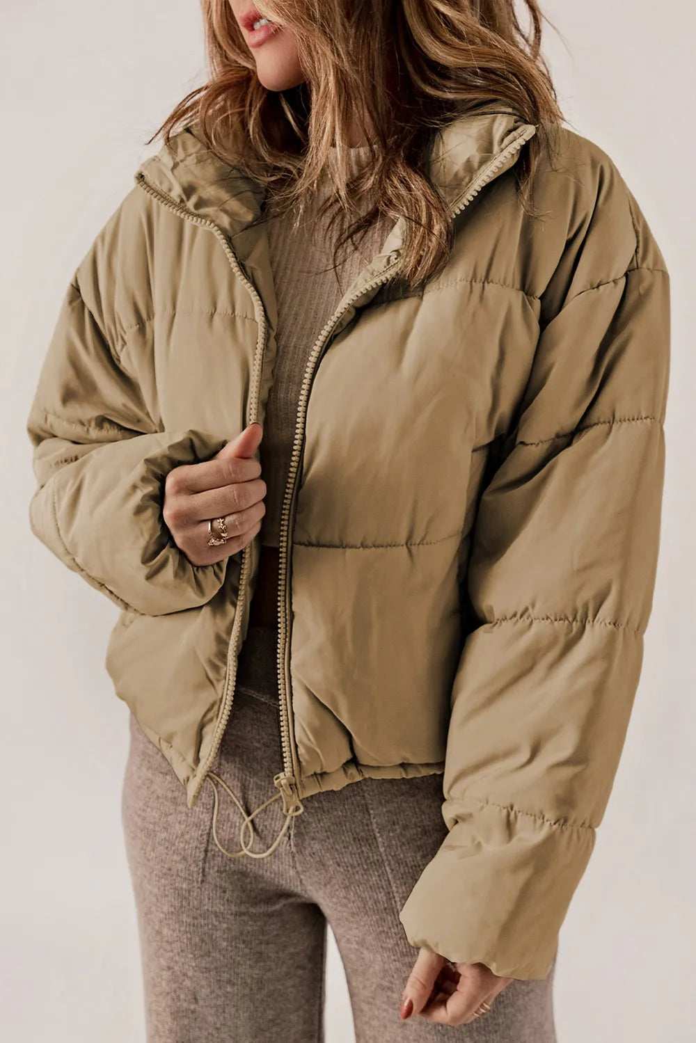 Zip Up Collared Neck Long Sleeve Winter Coat - Godess Beauty  #
