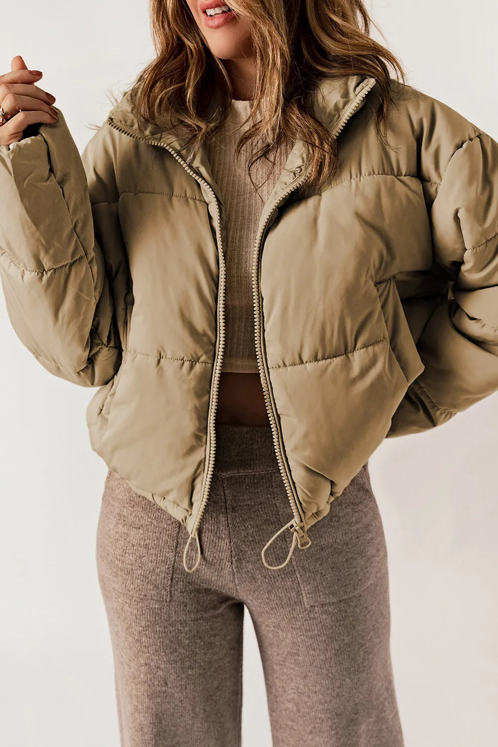 Zip Up Collared Neck Long Sleeve Winter Coat - Godess Beauty  #