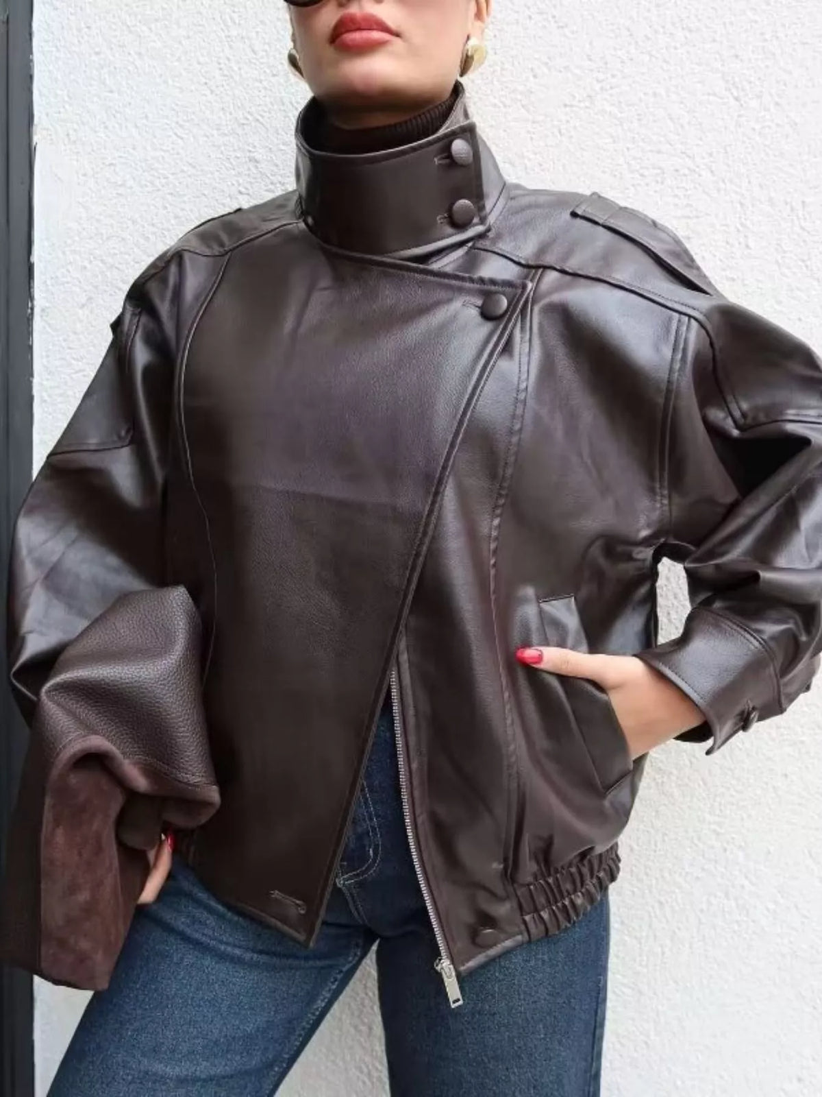 Zip-Up Faux Leather Moto Jacket - Godess Beauty  #