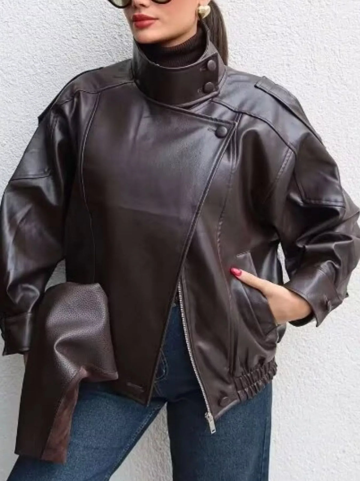 Zip-Up Faux Leather Moto Jacket - Godess Beauty  #
