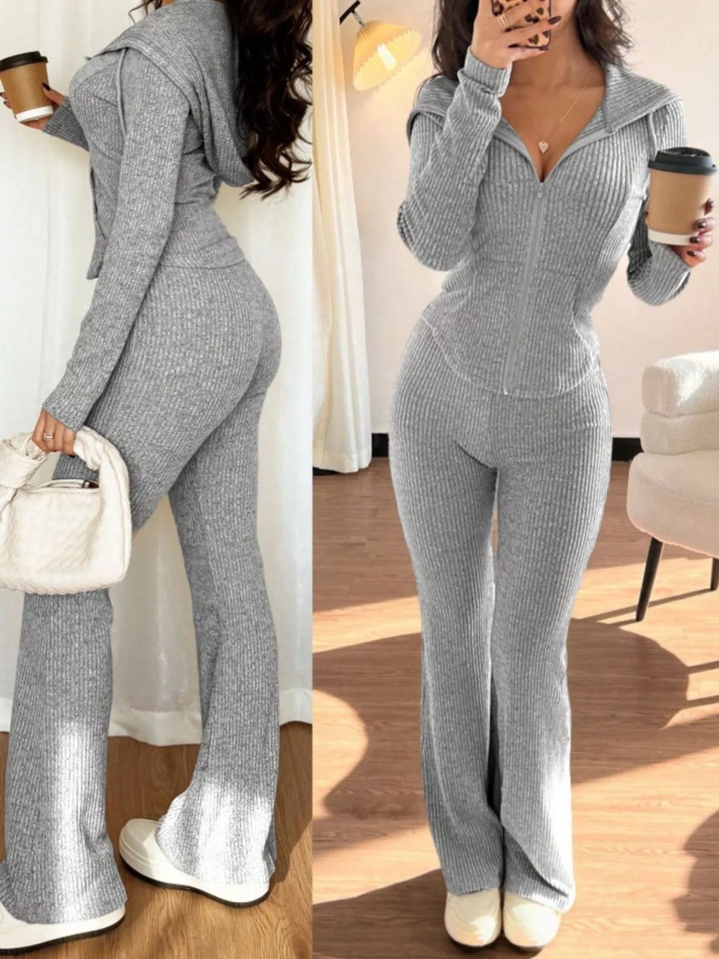 Zip Up Hooded Top and Pants Set - Godess beauty  #
