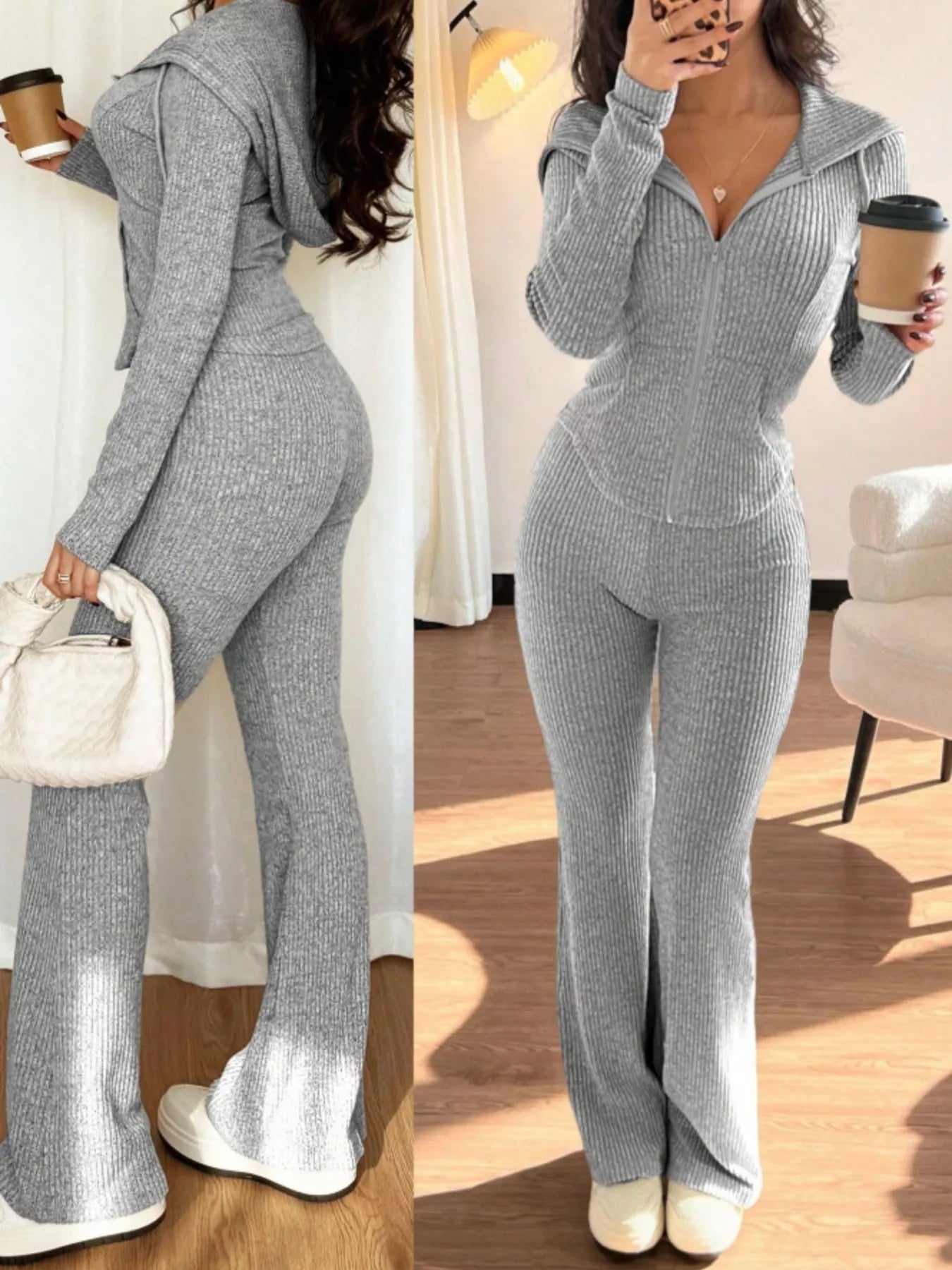 Zip Up Hooded Top and Pants Set - Godess beauty  #