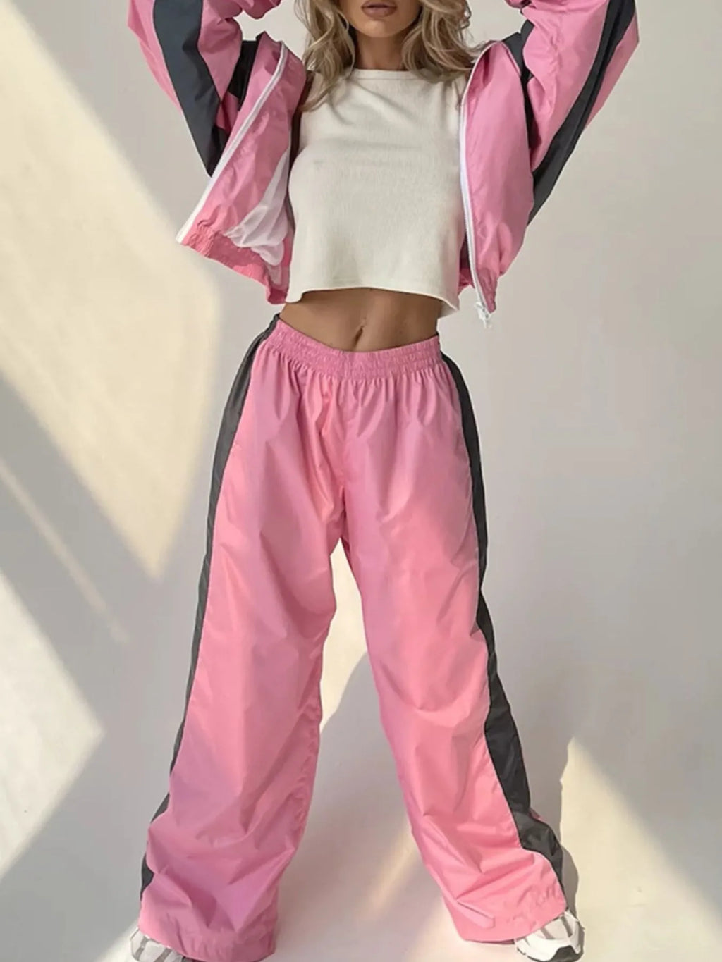 Zip Up Long Sleeve Top and Pants Set - Godess beauty  #