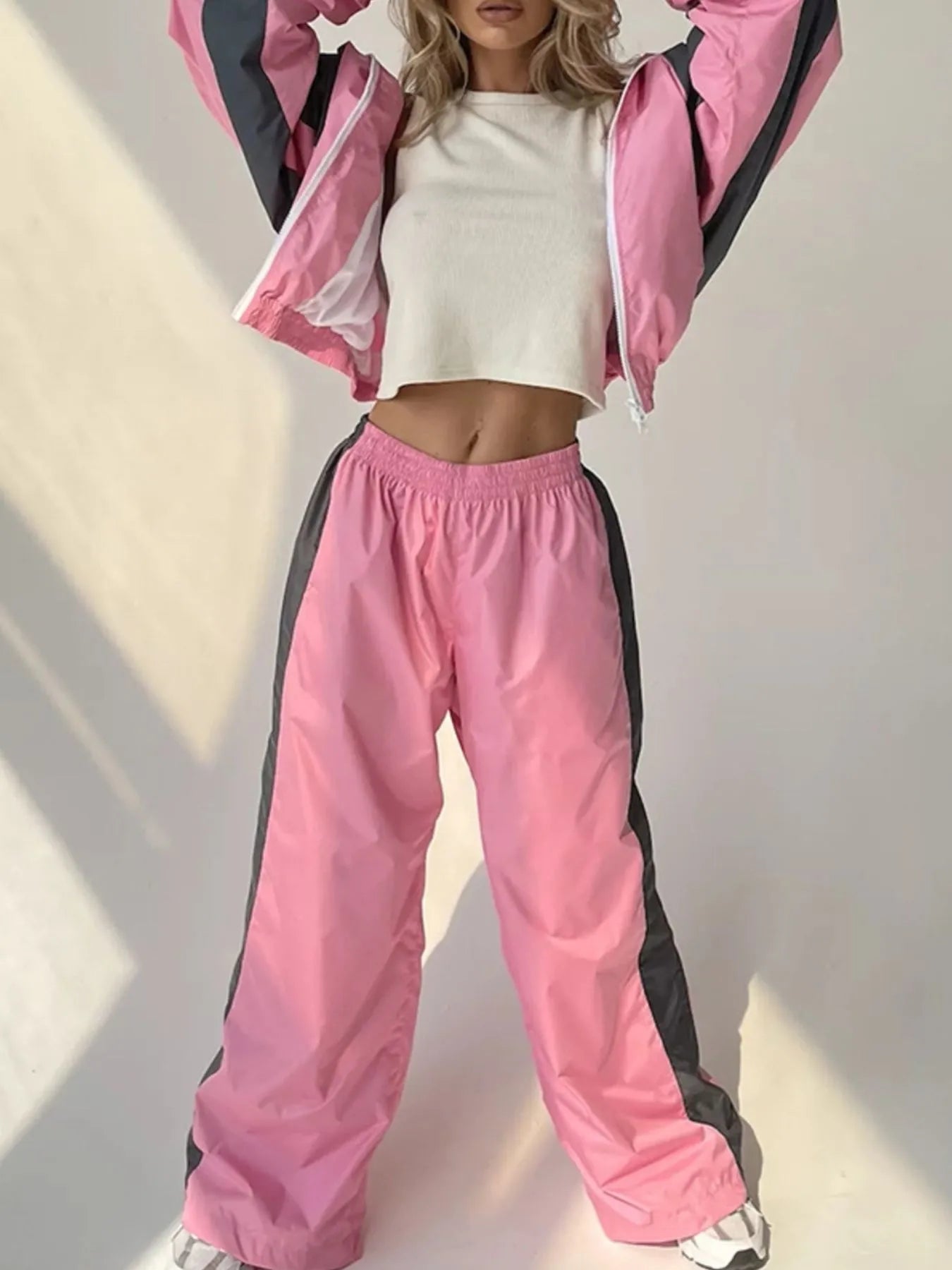 Zip Up Long Sleeve Top and Pants Set - Godess beauty  #