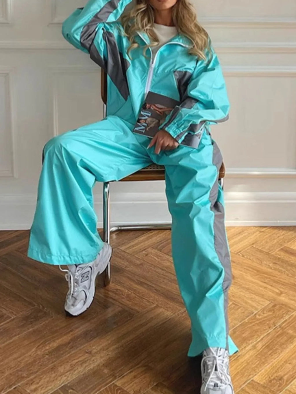 Zip Up Long Sleeve Top and Pants Set - Godess beauty  #