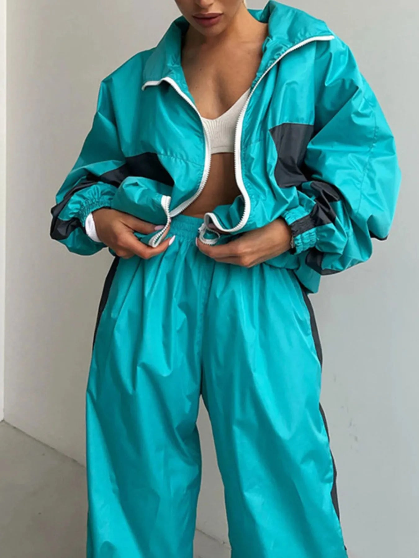Zip Up Long Sleeve Top and Pants Set - Godess beauty  #