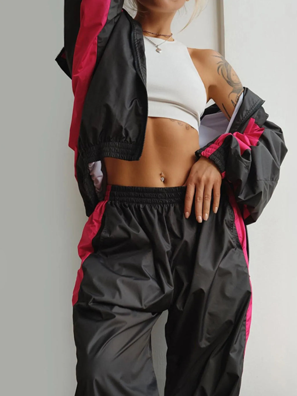 Zip Up Long Sleeve Top and Pants Set - Godess beauty  #