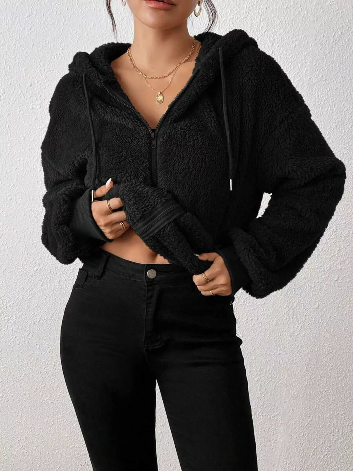 Zip-Up Plush Hooded Outerwear - Godess Beauty  #