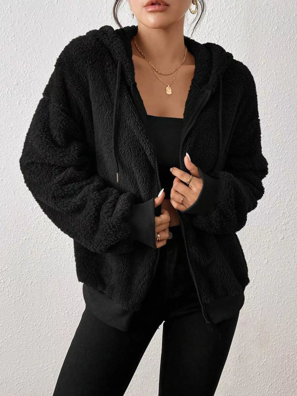Zip-Up Plush Hooded Outerwear - Godess Beauty  #
