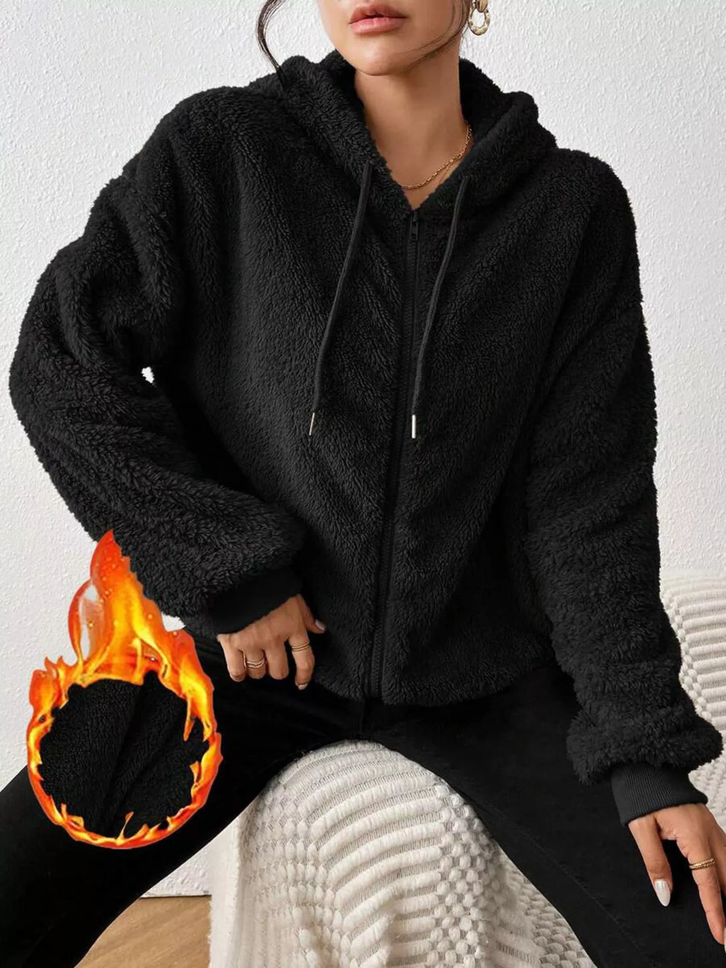 Zip-Up Plush Hooded Outerwear - Godess Beauty  #