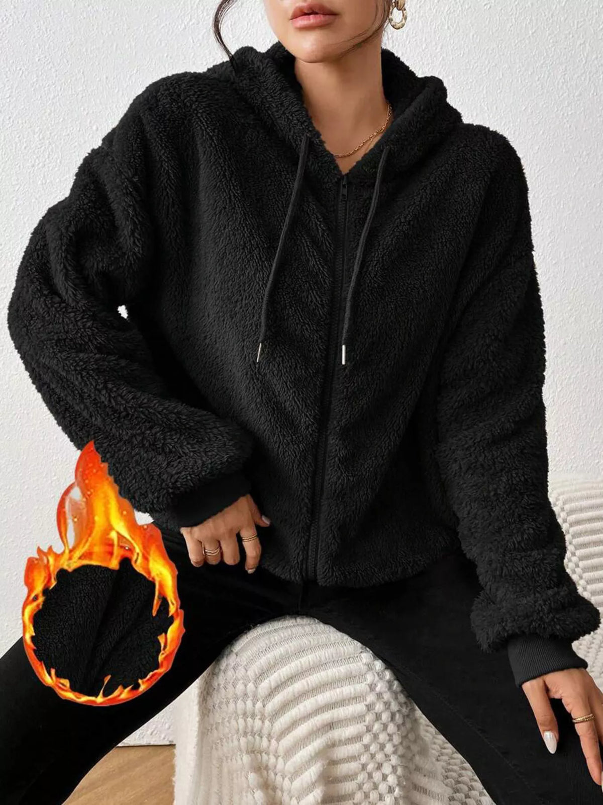 Zip-Up Plush Hooded Outerwear - Godess Beauty  #