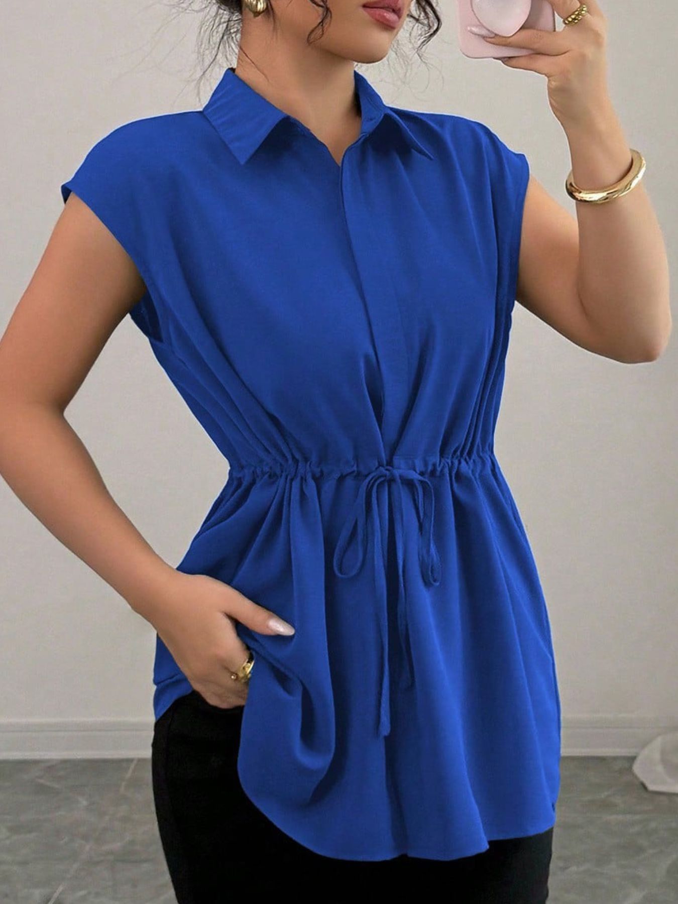 Drawstring waist cap sleeve shirt